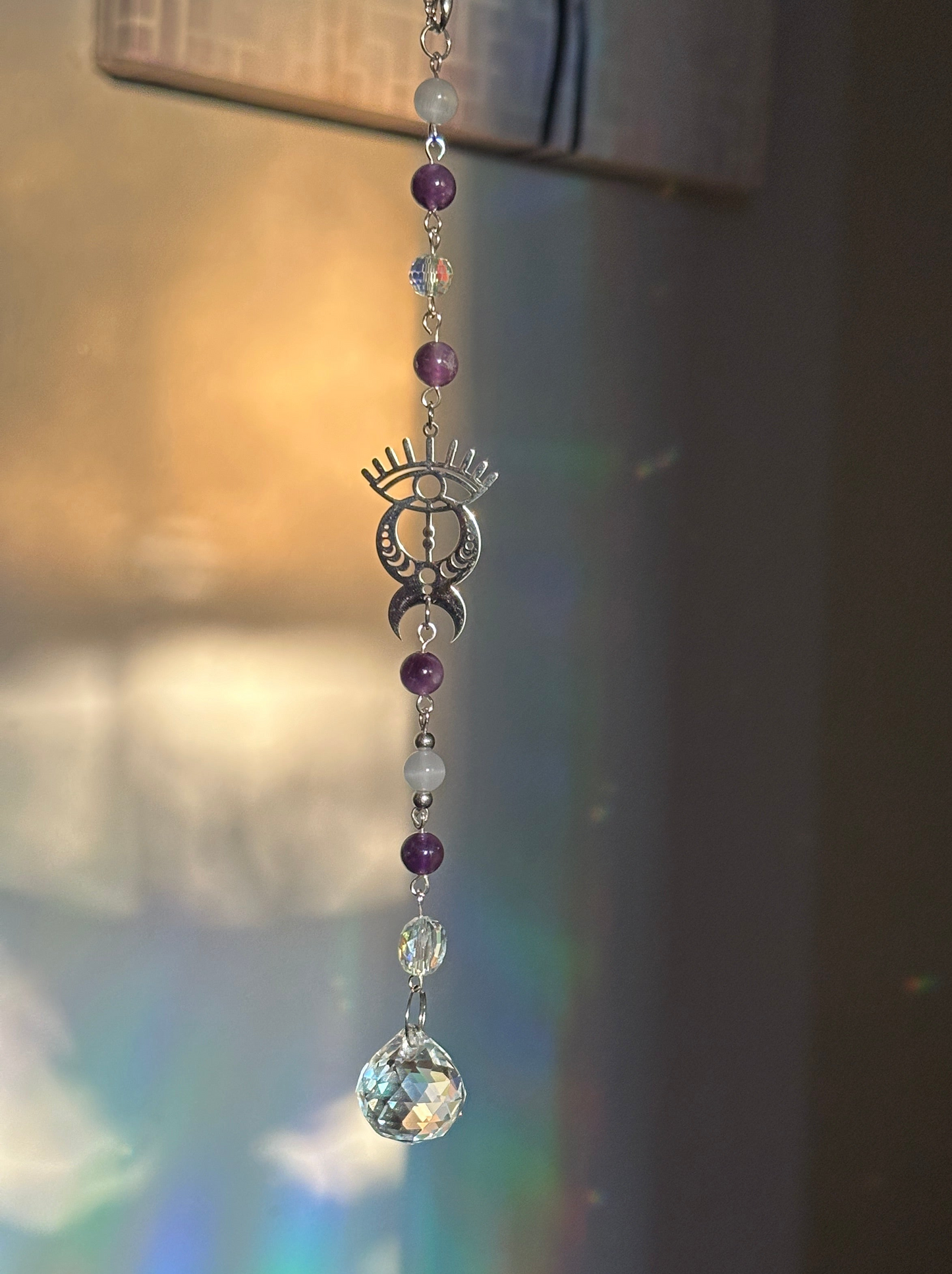 Silver Evil Eye Moon Amethyst & Selenite Suncatcher