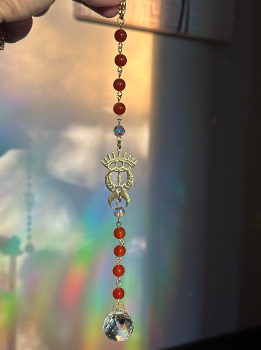 Carnelian with Gold Evil Eye Moon Pendant Sun Catcher