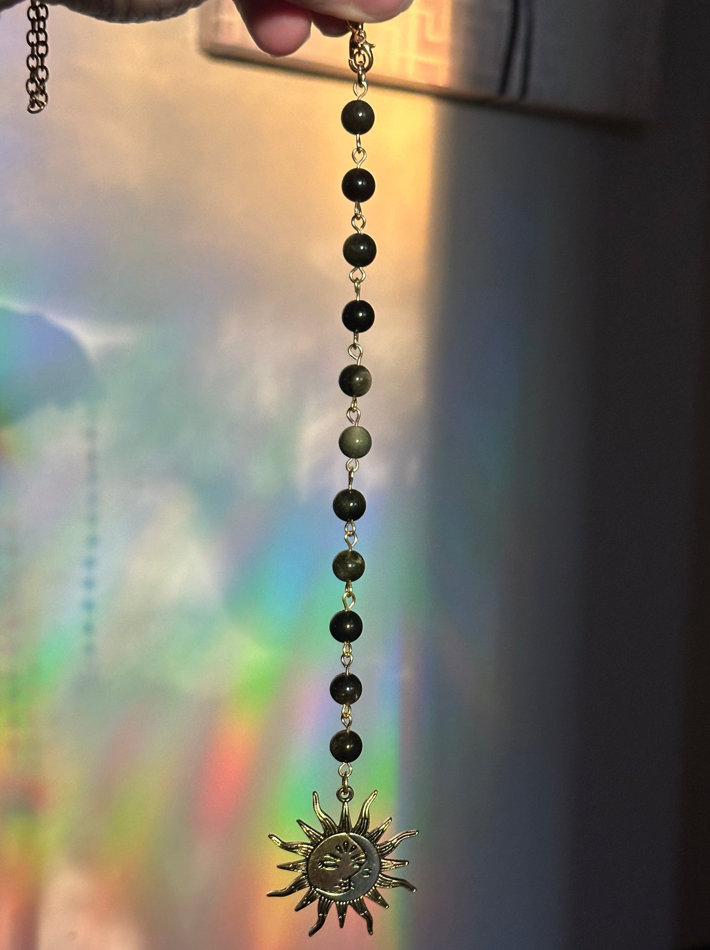 Gold Sheen Obsidian Car Hanger with Sun/Moon Pendant