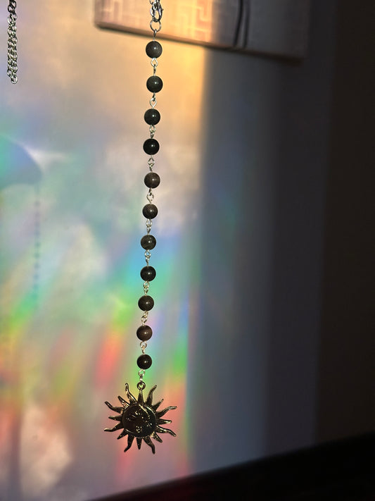 Silver Sheen Obsidian Car Hanger with Sun/Moon Pendant